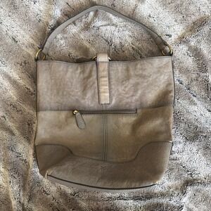 Frye Gray Brown Leather Gold Tone Ring Tote Shoulder Hobo Bag Purse Beautiful